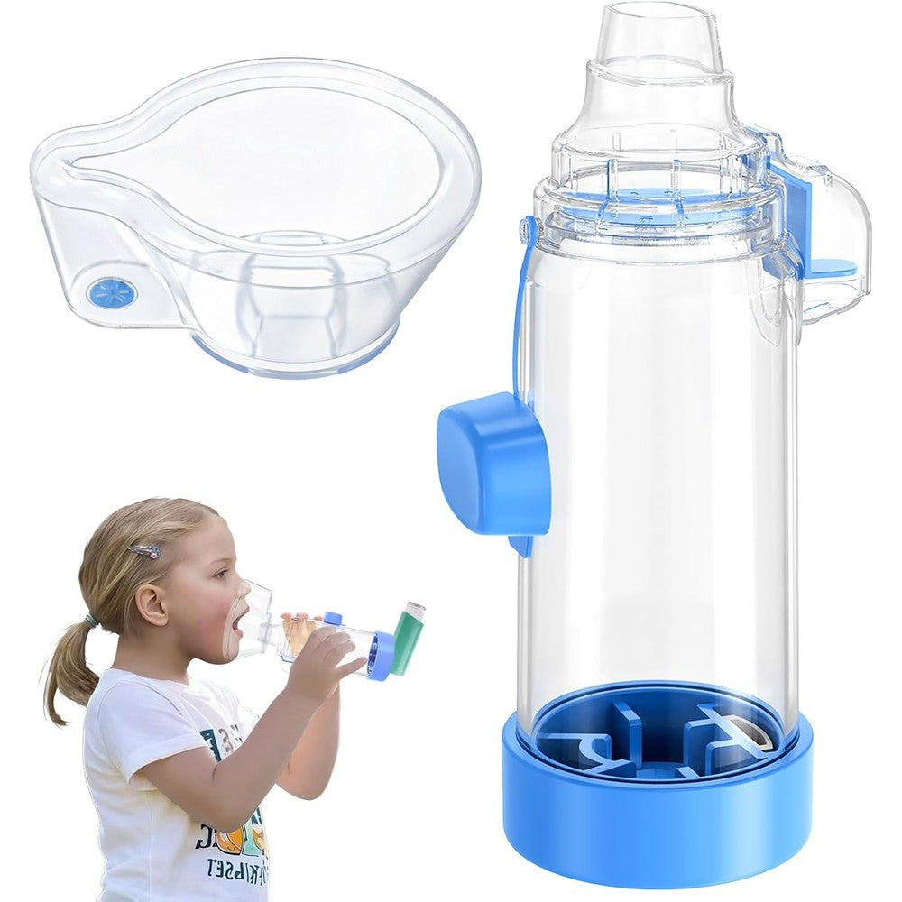 BKOUGX Nessi spacer OTC child variant front view showing blue adapter and clear chamber