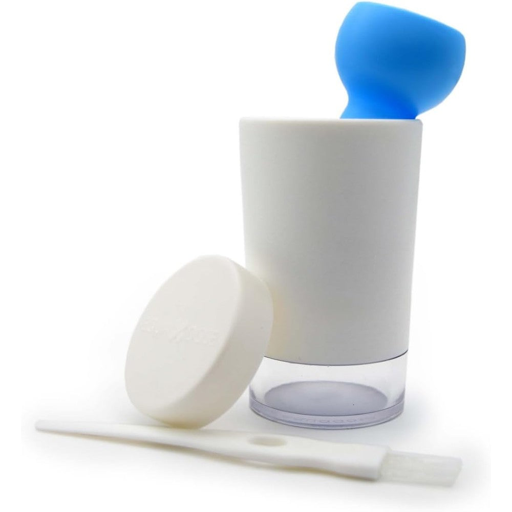 EQUADOSE Pug Pill Crusher front view showing white mortar and pestle device with blue handle
