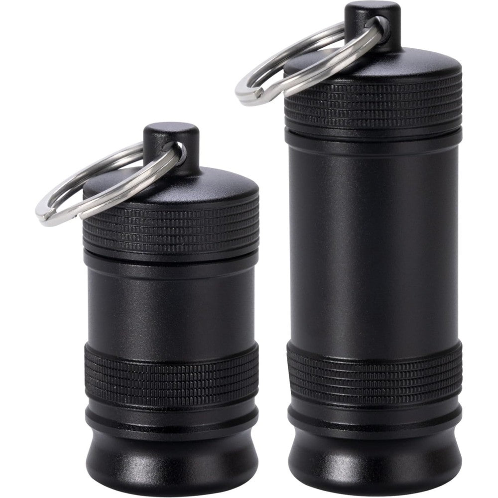 SOBAHIDO portable keychain pill holder front view in black metal finish.