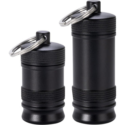 SOBAHIDO portable keychain pill holder front view in black metal finish.