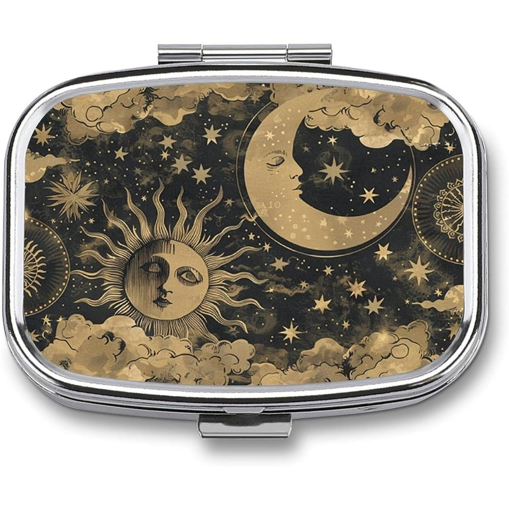 Generic metal 2 compartment pill organizer front view showing vintage sun and moon design