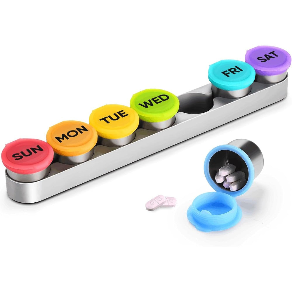 EIVENNKO weekly metal pill case front view premium stainless steel daily medicine organizer