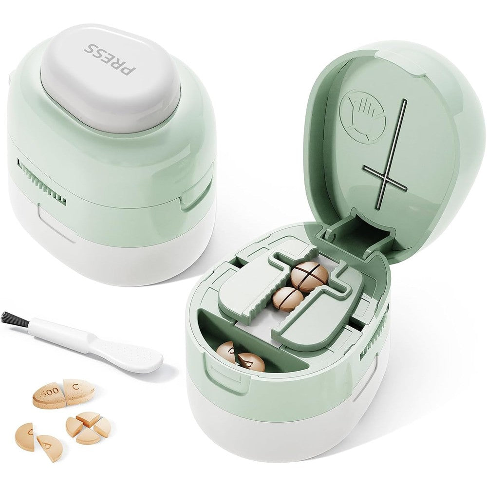 ZHIYES adjustable pill cutter splitter front view showing olive green compact design