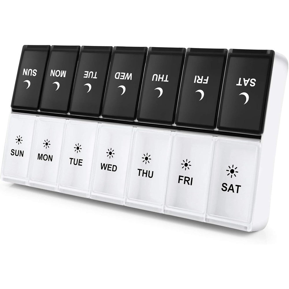 DANYING extra large pill organizer front view showing fourteen AM PM compartments
