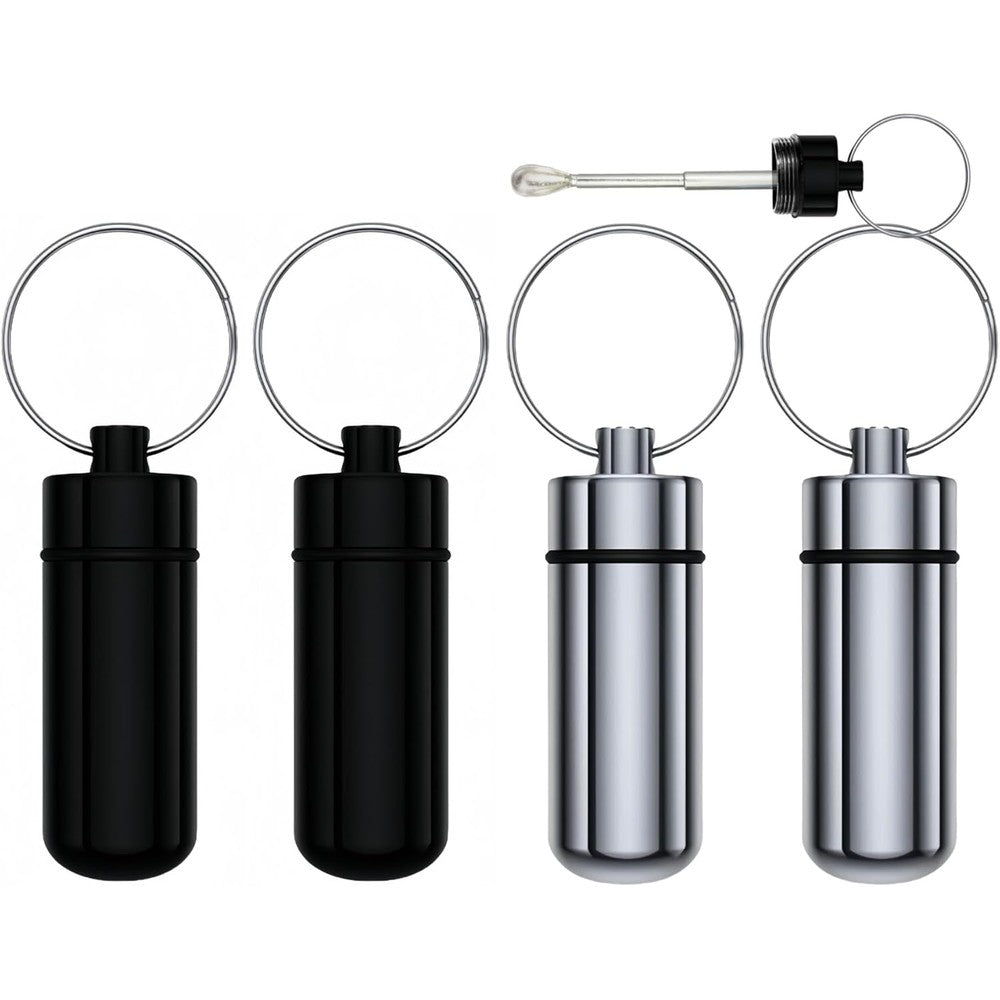 FOLNG premium aluminum alloy pill box keychain 4 pack front view showing black and silver finishes