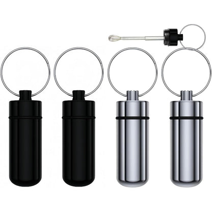 FOLNG premium aluminum alloy pill box keychain 4 pack front view showing black and silver finishes