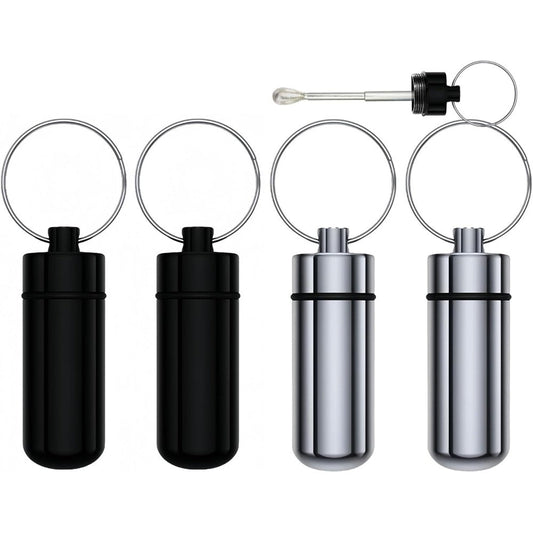 FOLNG premium aluminum alloy pill box keychain 4 pack front view showing black and silver finishes
