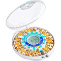 Daviky automatic pill dispenser front view showing blue electronic locked pill box with liquid crystal display screen for senior care