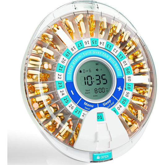 Windtrace automatic pill dispenser for elderly front view showing digital clock interface