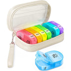 AMOOS cute pill organizer beige front view with luxury leather pouch closed