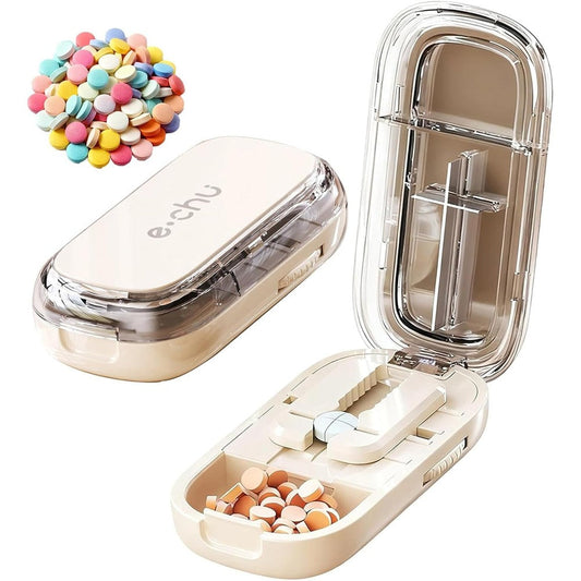 Echu Adjustable Pill Cutter in beige color front view showing the compact portable tablet splitter design.