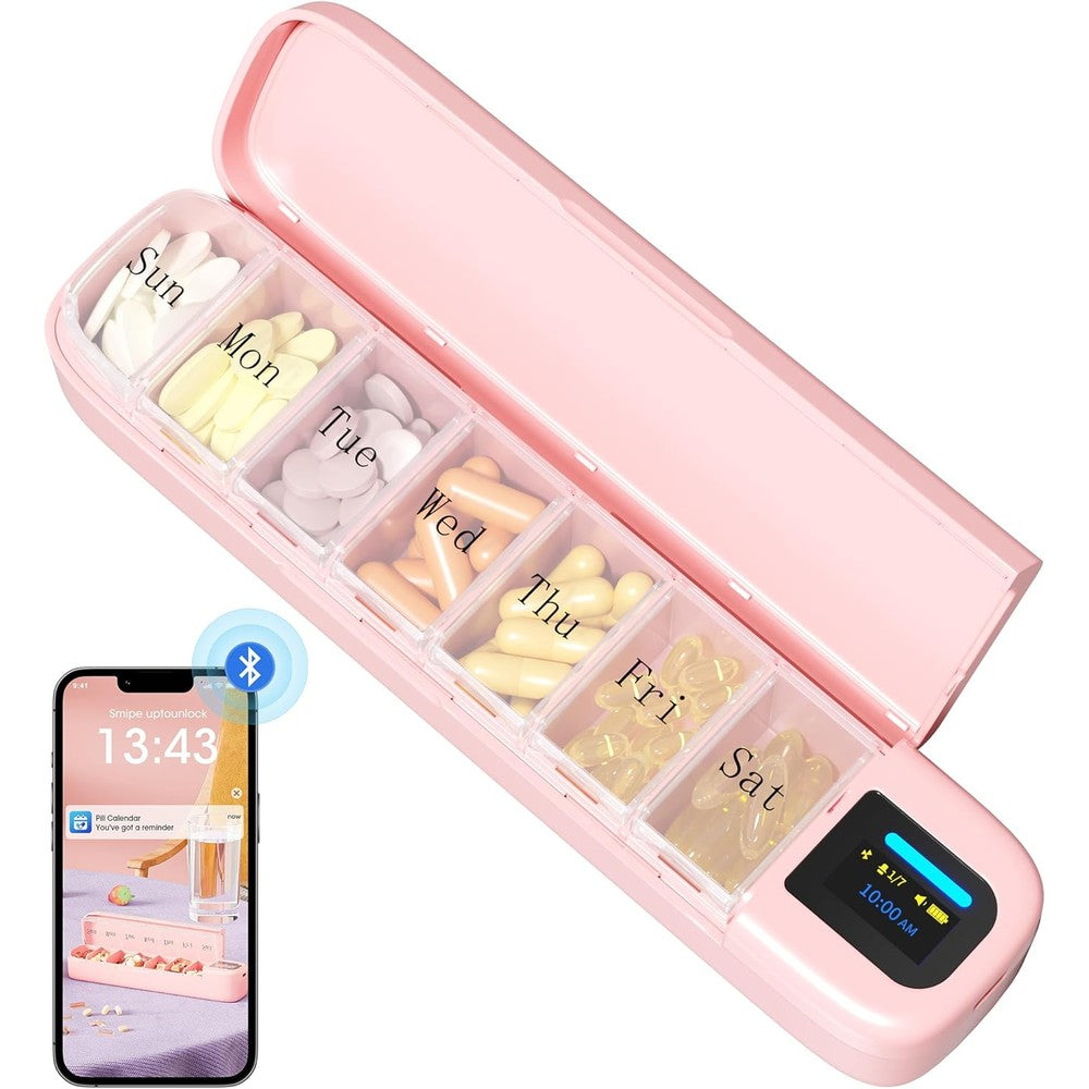 Daviky automatic pill dispenser pink front view showing smart app sync