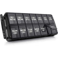 Sukuos weekly pill organizer 7 day 2 times a day front view showing black AM PM compartments.