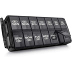 Sukuos weekly pill organizer 7 day 2 times a day front view showing black AM PM compartments.