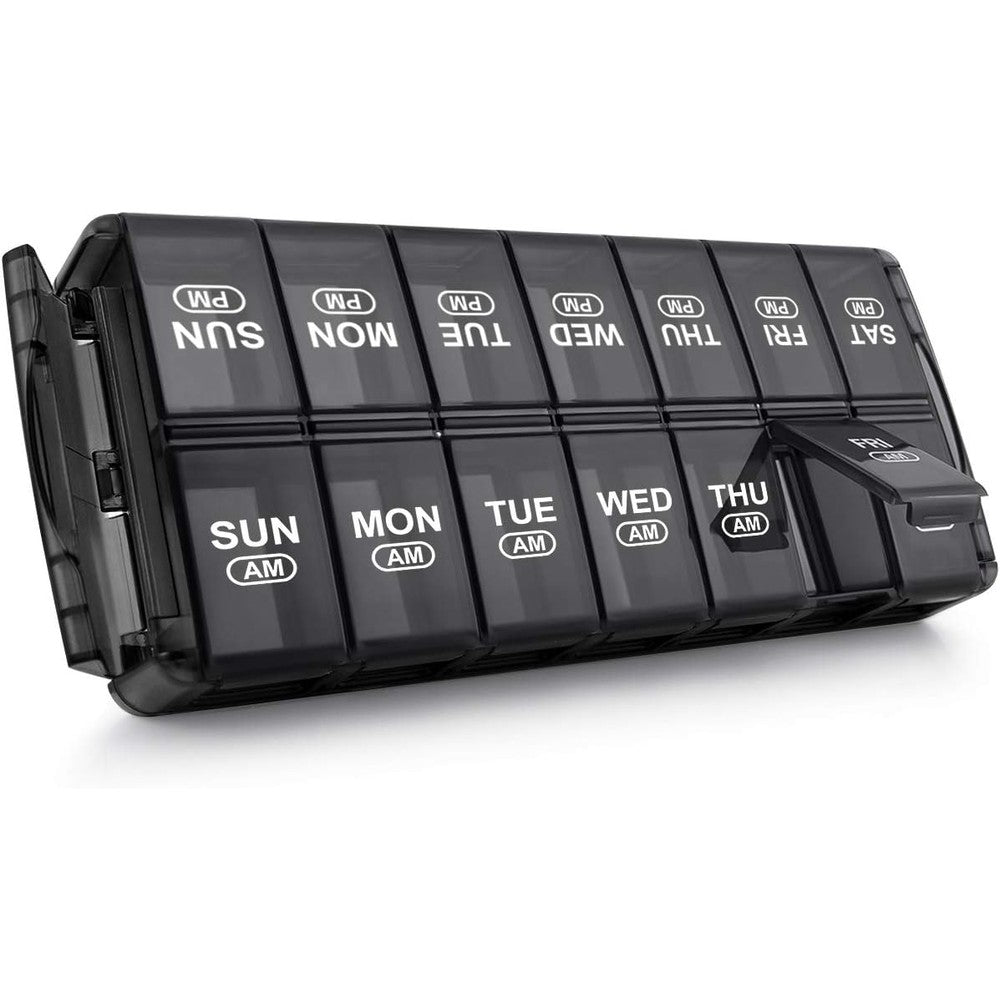 Sukuos weekly pill organizer 7 day 2 times a day front view showing black AM PM compartments.