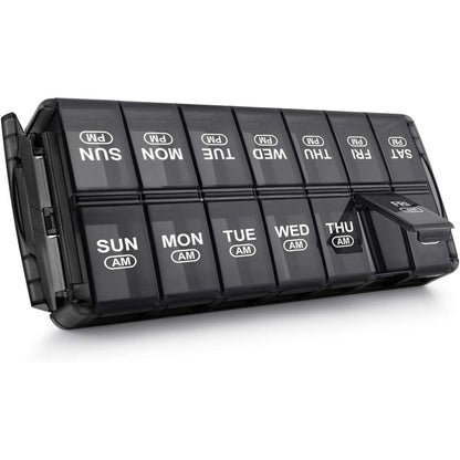 Sukuos weekly pill organizer 7 day 2 times a day front view showing black AM PM compartments.