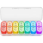 Windtrace weekly pill organizer front view showing seven colorful daily am pm medicine cases