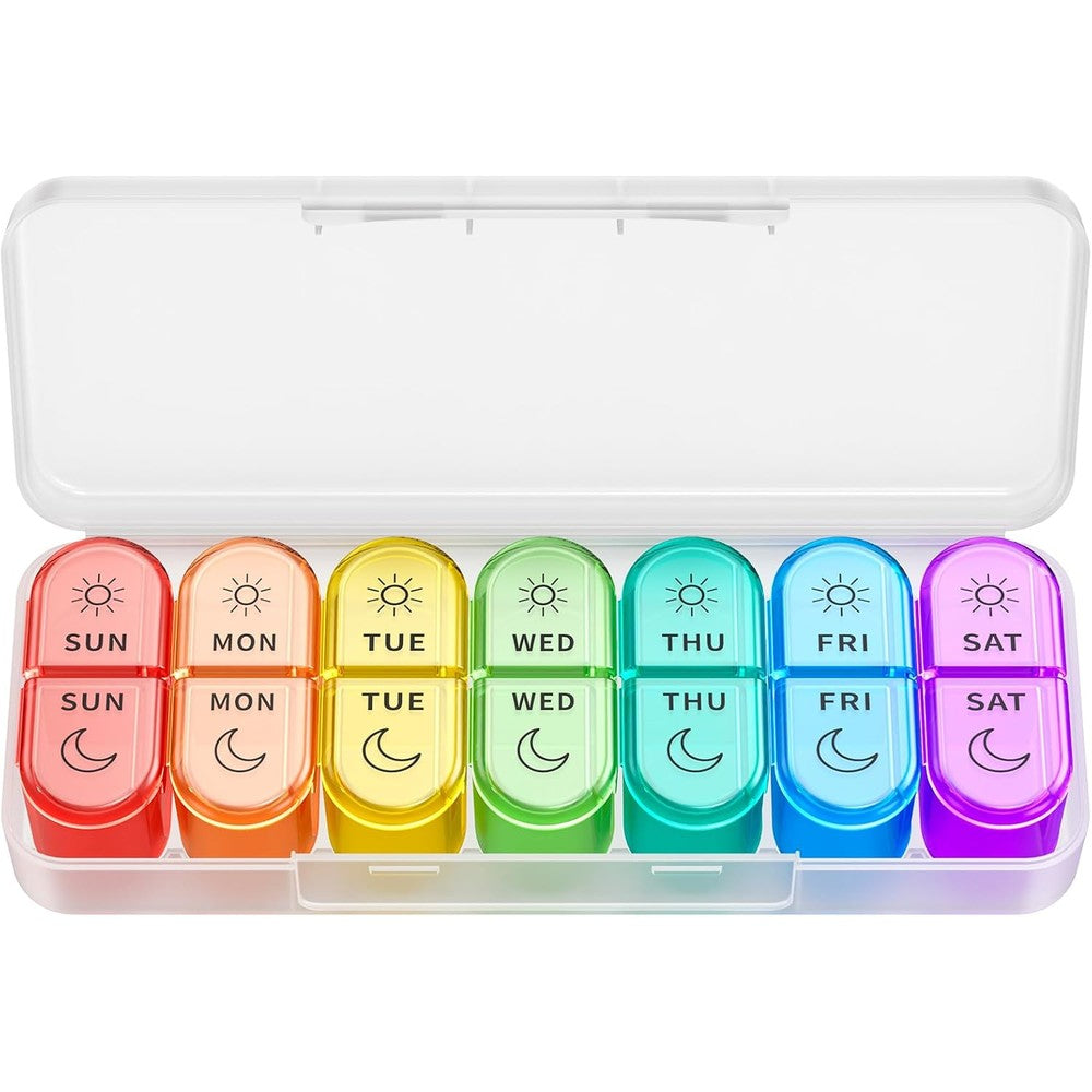 Windtrace weekly pill organizer front view showing seven colorful daily am pm medicine cases