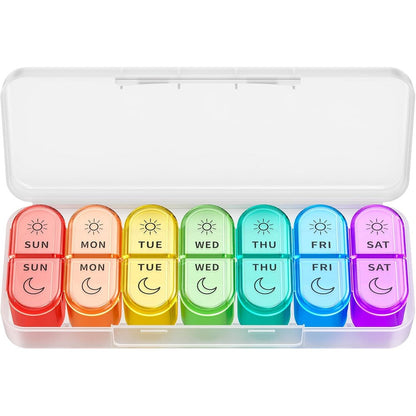 Windtrace weekly pill organizer front view showing seven colorful daily am pm medicine cases