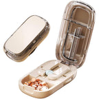 Lifelong portable pill cutter front view showing white exterior and compact design.