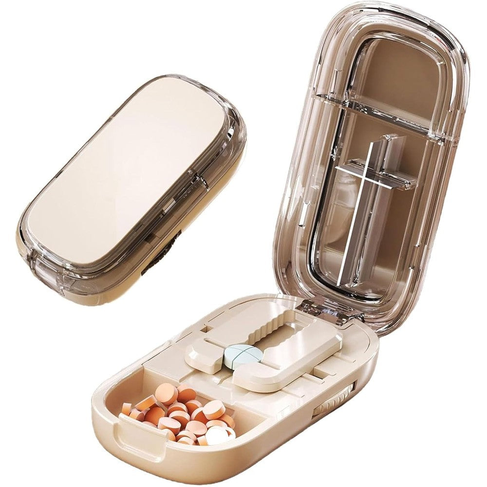 Lifelong portable pill cutter front view showing white exterior and compact design.