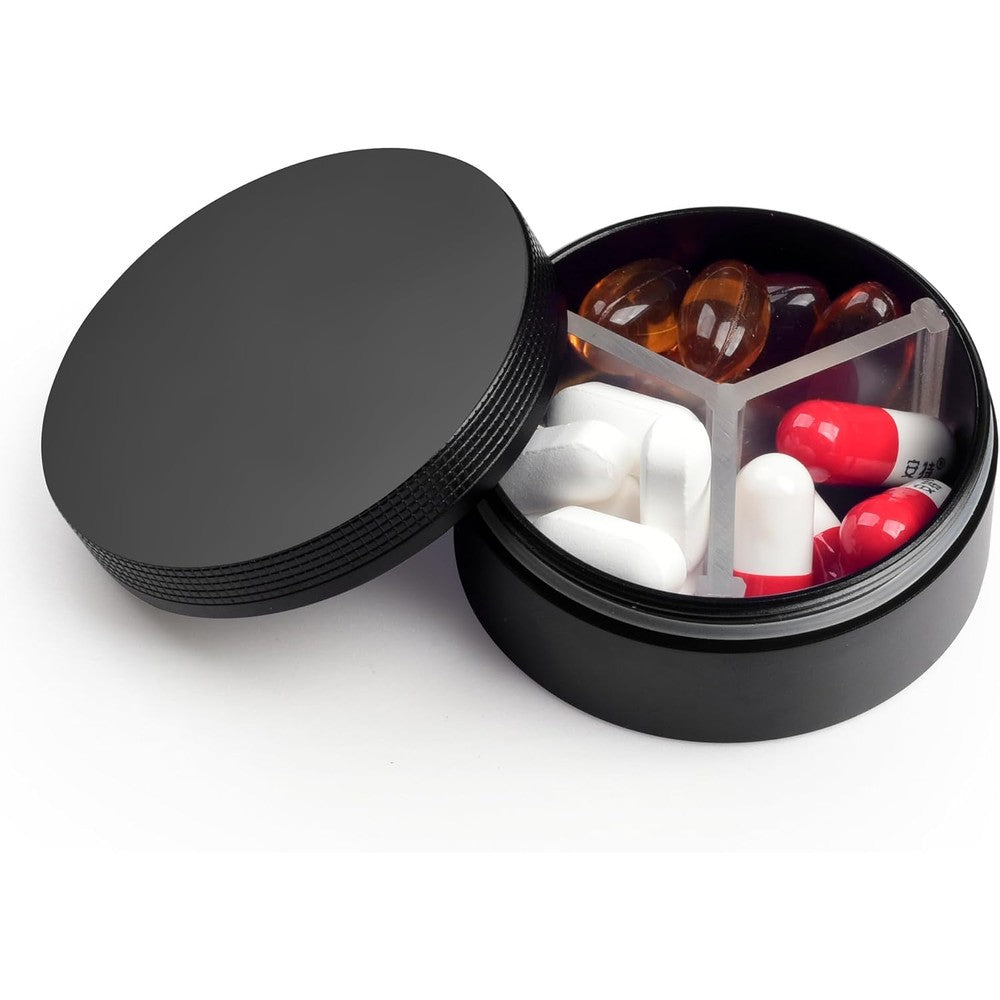 LightOnIt small metal pill case 3 compartments front view in premium anodized black finish