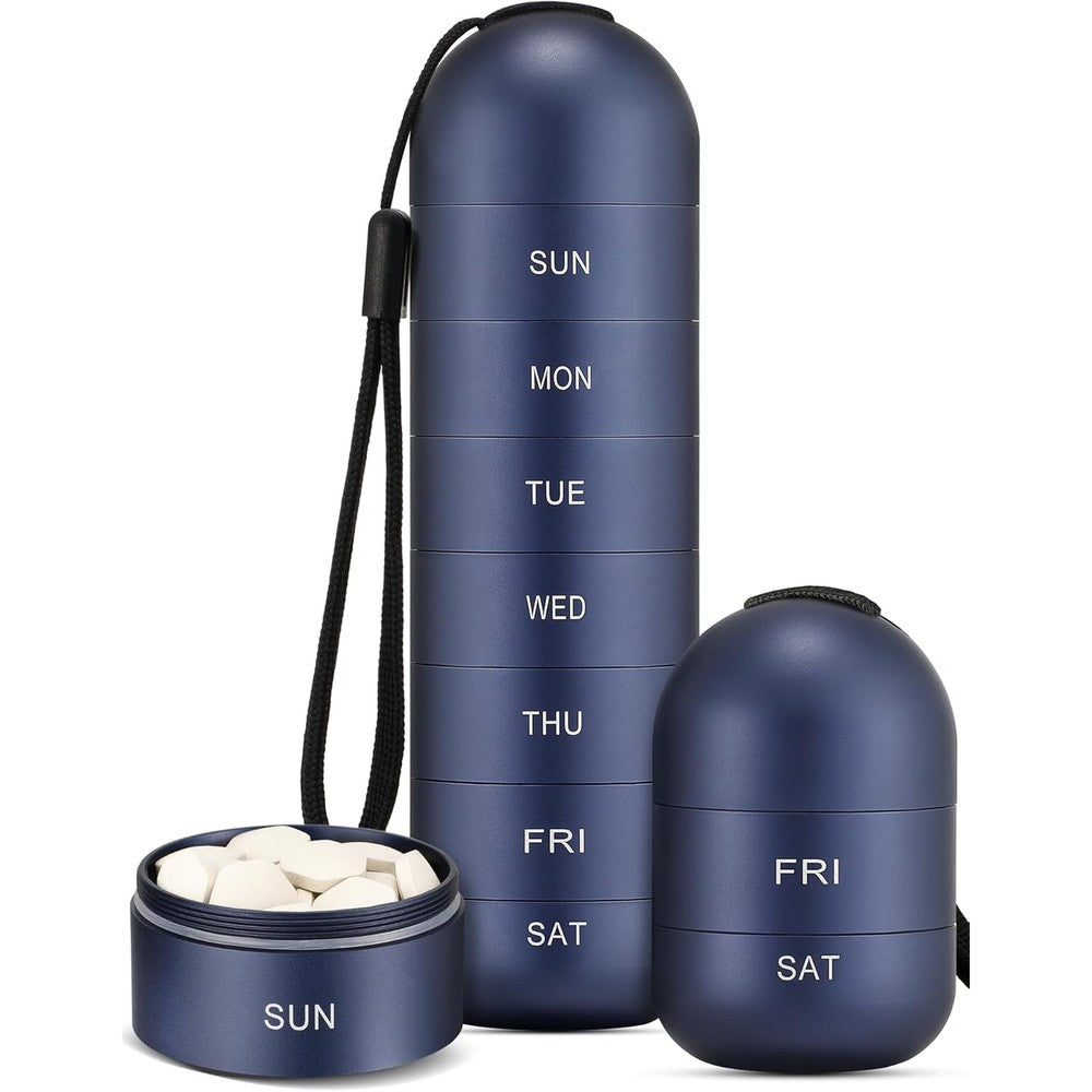 Zannaki metal weekly pill organizer front view showcasing stackable aluminum alloy compartments for daily vitamins