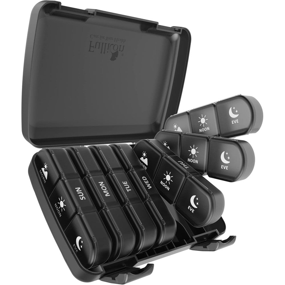Fullicon weekly pill organizer black front view showing twenty one compartments