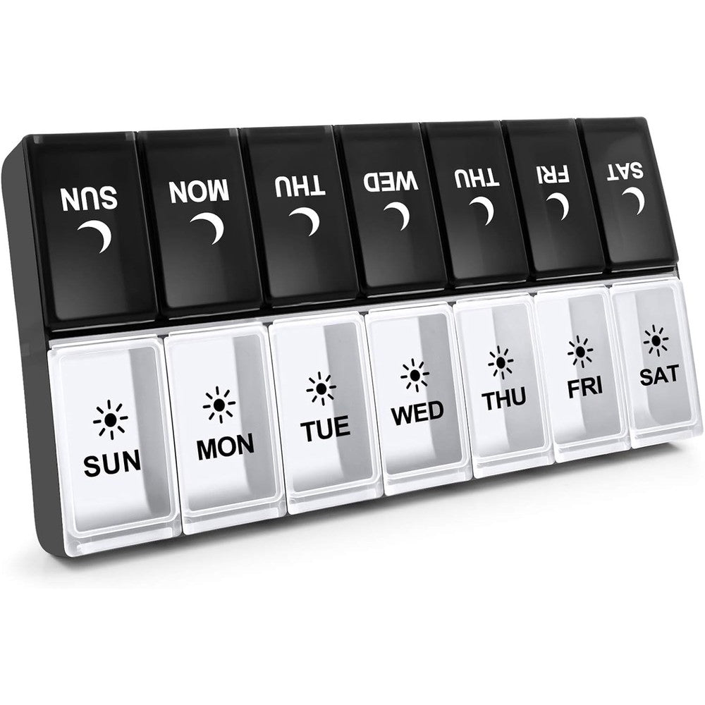Aigret Future 7 day pill organizer front view showing white and black compartments.