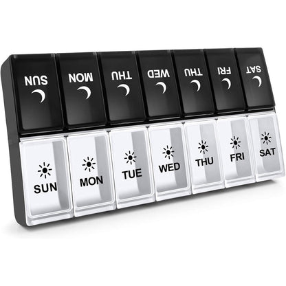 Aigret Future 7 day pill organizer front view showing white and black compartments.