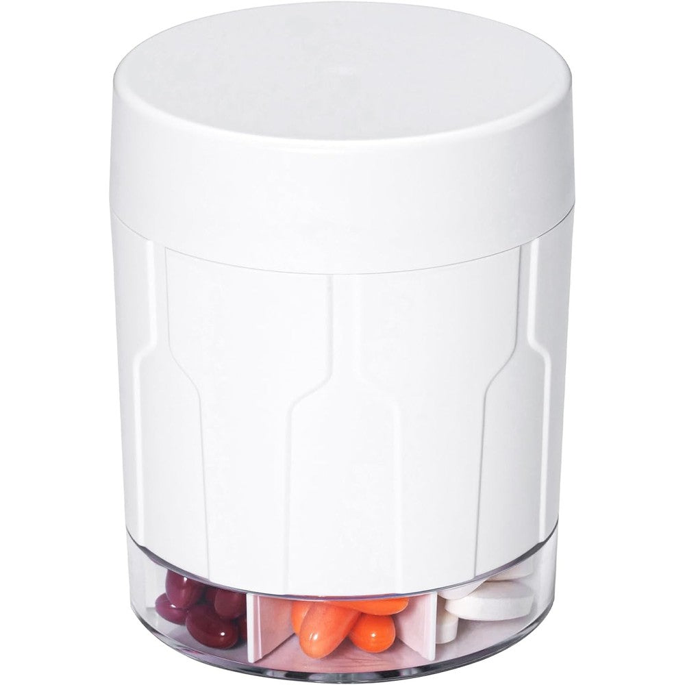 Betife extra large supplement organizer front view showing white cylindrical weekly pill dispenser