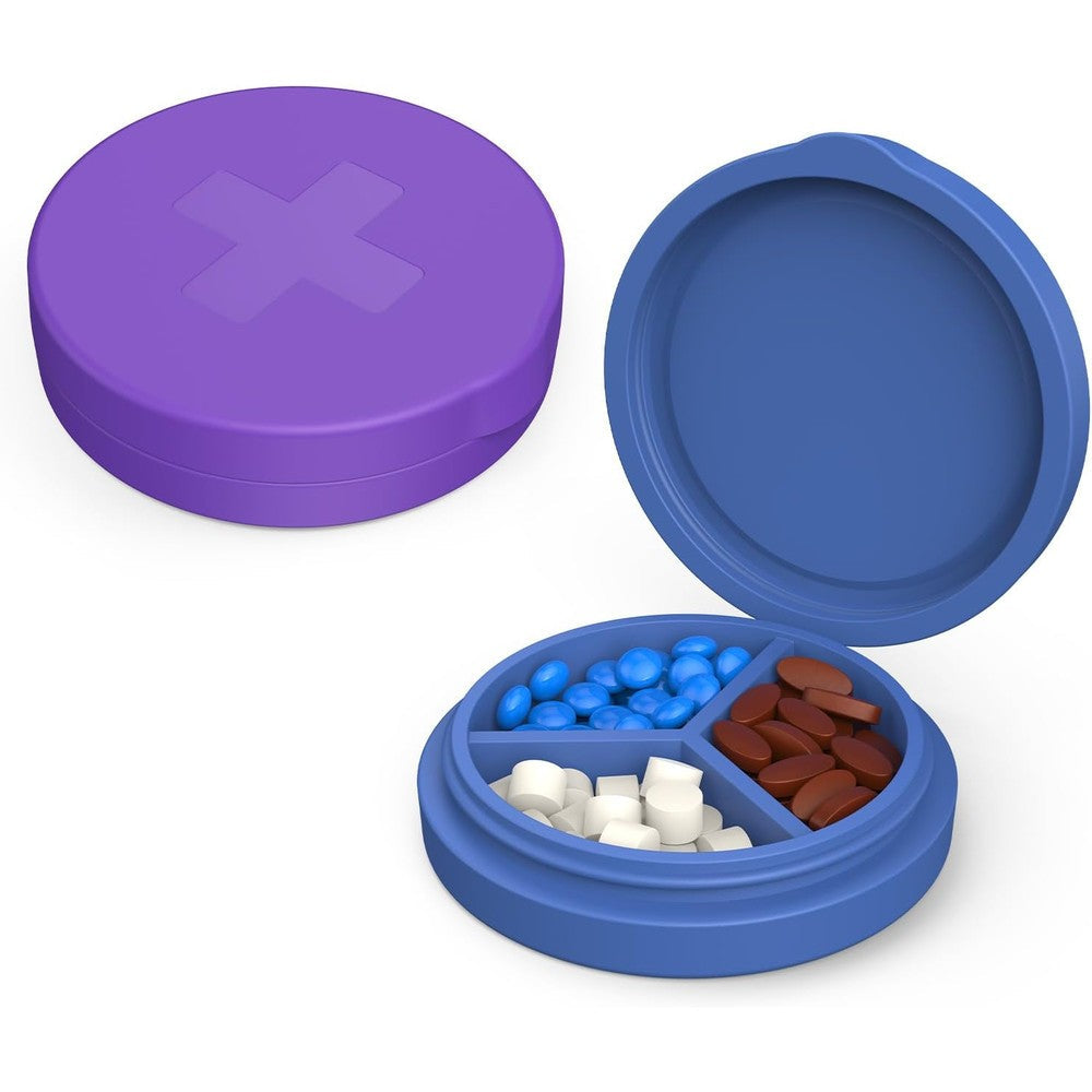 Easyhope BESCHOC Small Pill Box front view showing purple and blue round travel cases