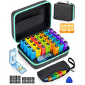 Friwole monthly pill organizer front view showing thirty-one daily medicine pods inside the black hard-shell case.