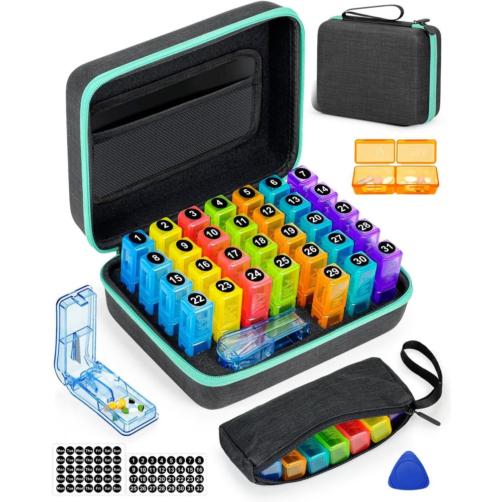 Friwole monthly pill organizer front view showing thirty-one daily medicine pods inside the black hard-shell case.