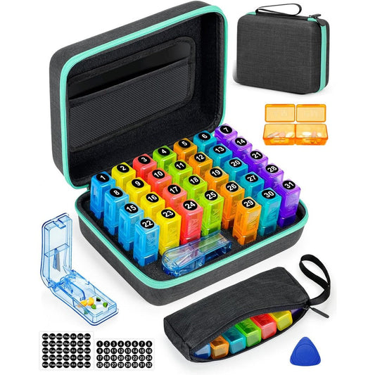 Friwole monthly pill organizer front view showing thirty-one daily medicine pods inside the black hard-shell case.