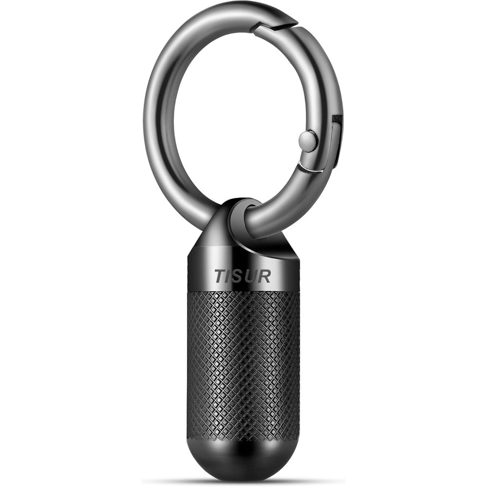 TISUR small titanium pill keychain container black front view showing compact metal design