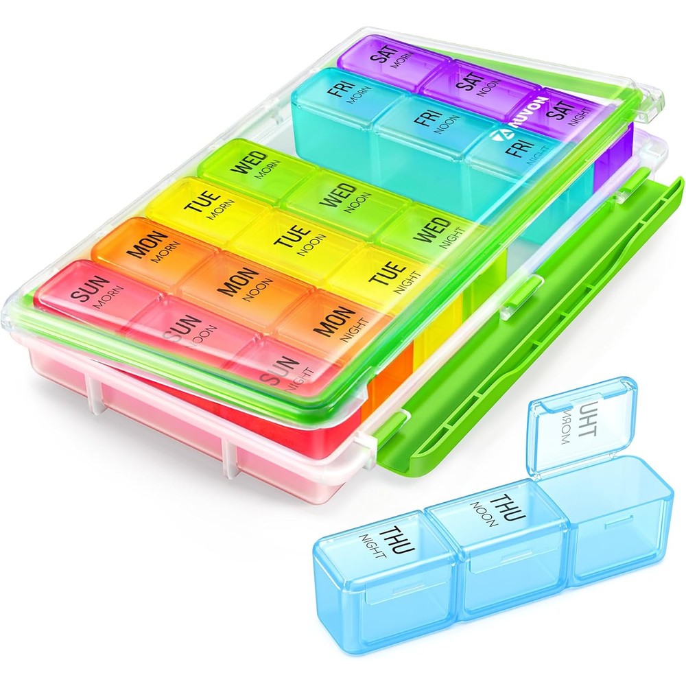 AUVON weekly pill organizer front view showing three times a day color coded compartments