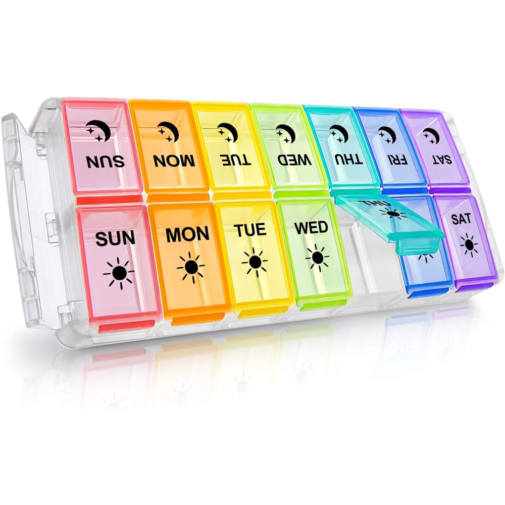 Fullicon weekly AM PM pill organizer front view showing vibrant rainbow colored daily compartments.