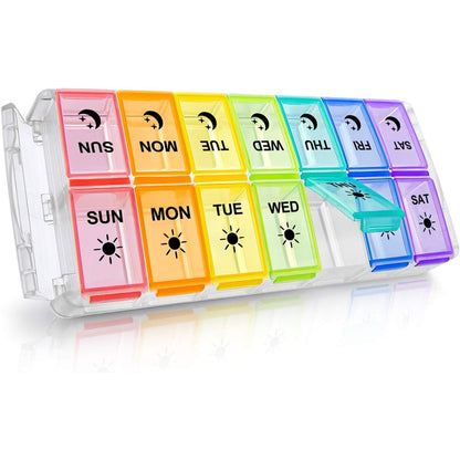Fullicon weekly AM PM pill organizer front view showing vibrant rainbow colored daily compartments.