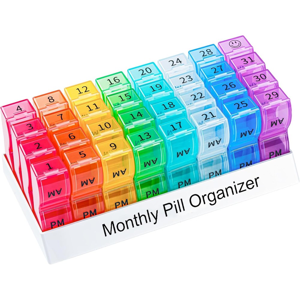 Colorwing monthly pill organizer front view showing thirty-one day rainbow color-coded compartments.