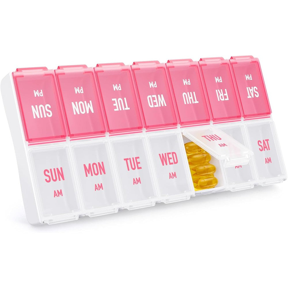 AMOOS weekly pill organizer front view showing pink and white 7 day AM PM compartments