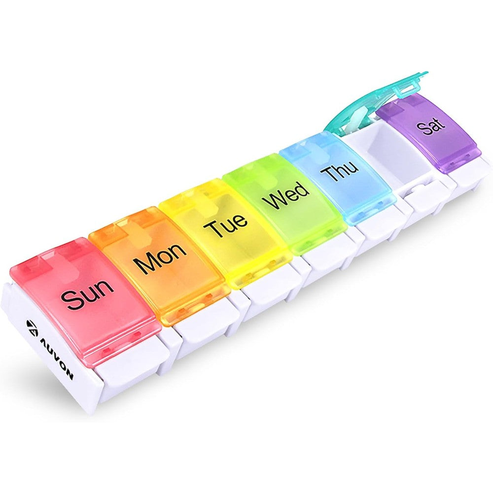 AUVON weekly pill organizer front view showcasing the seven day rainbow colored translucent compartments.