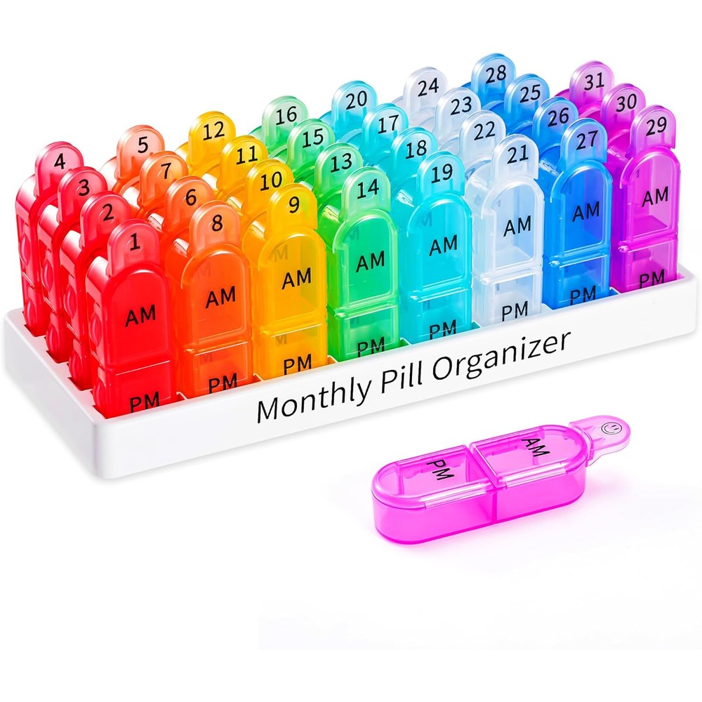 Daviky monthly pill organizer front view showcasing thirty one numbered containers.