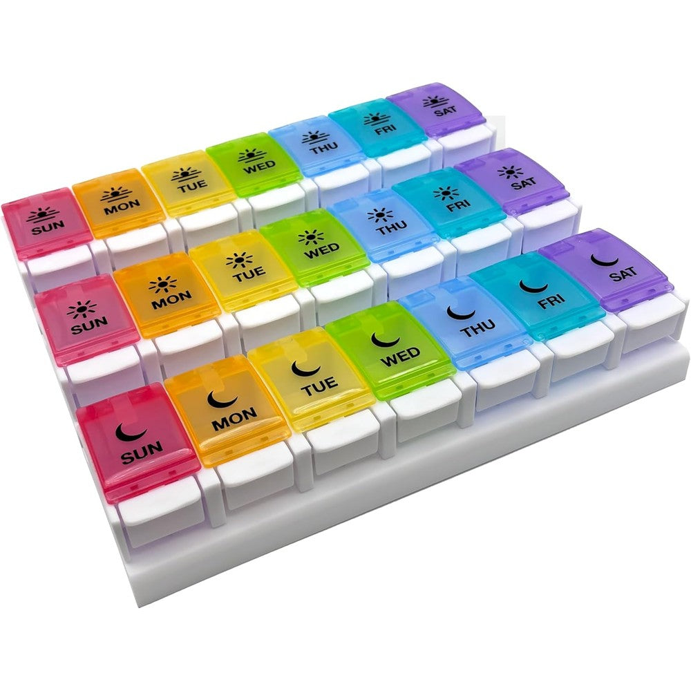EZY DOSE Weekly 7 Day Pill Case front view displaying vibrant rainbow colored push button compartments for daily medicine planning.