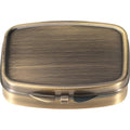 Dynippy Retro Pill Case front view showcasing antique metal finish and secure lock closure.