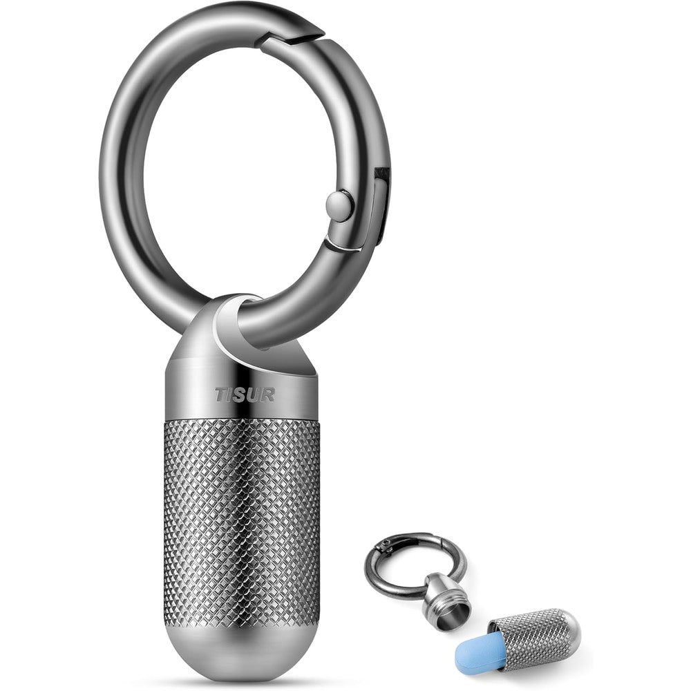 TISUR titanium keychain pill holder front view showcasing the premium metallic finish and compact design.