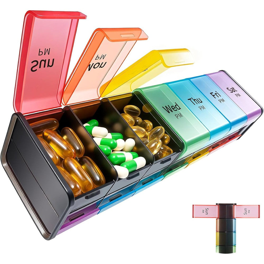 Daviky extra large weekly pill organizer front view showing fourteen black compartments