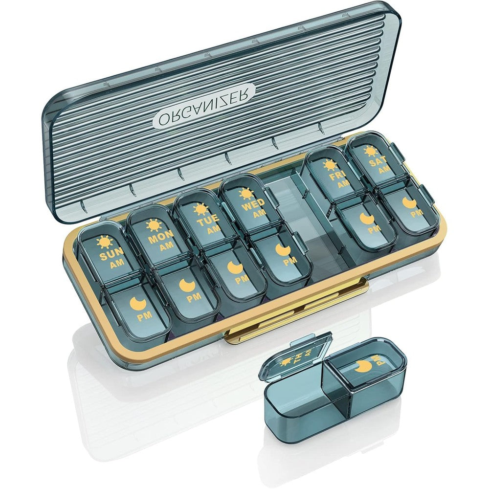 Acedada AM PM pill organizer weekly medicine box front view showing blue frame and seven individual daily containers.
