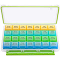 BUG HULL Monthly Pill Organizer front view showing the protective outer case and four color-coded weekly rows
