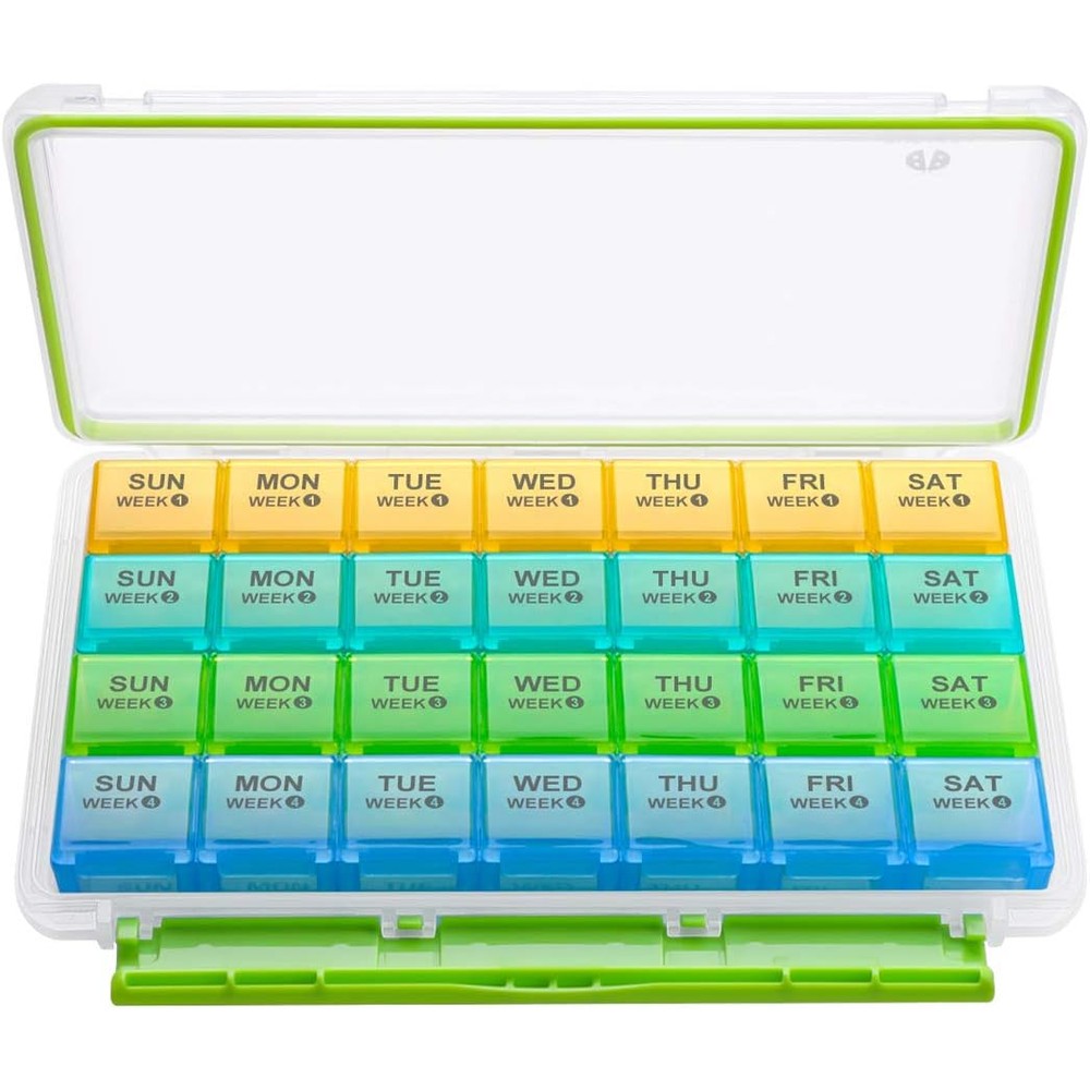 BUG HULL Monthly Pill Organizer front view showing the protective outer case and four color-coded weekly rows
